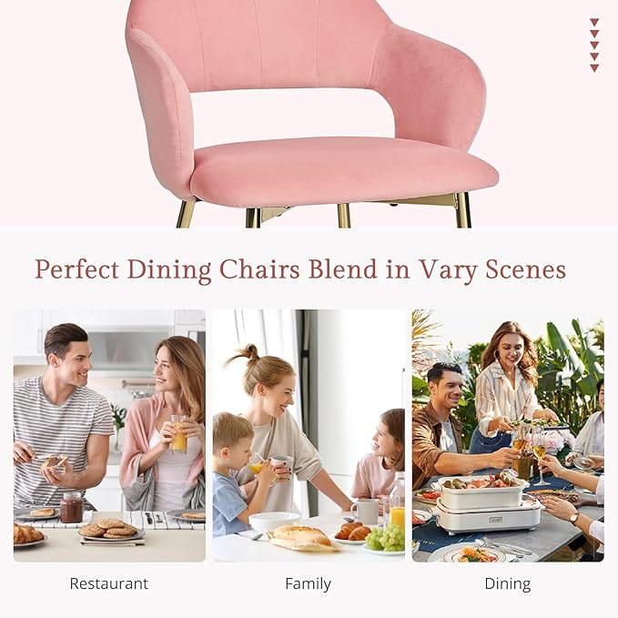 VECELO Velvet Dining Chairs Set of 2, Modern Upholstered Kitchen Chairs with Cushion, Padded Backrest and Metal Legs, Pink