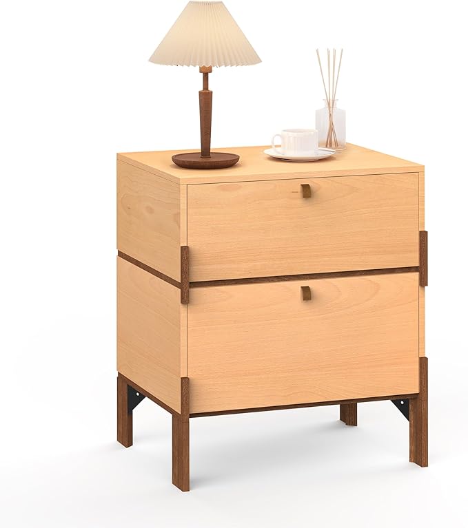 23" Night Stand, Easy Assembly Bedside Table with 2 Storage Drawers, Mid-Century Style Wood End Table for Bedroom, Dormitory, Beech Color (1 pcs)