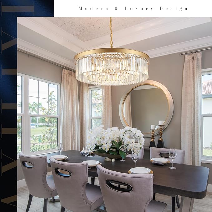 Gold Crystal Chandeliers 30" Modern Round Chandelier 12-Lights 3-Tier Crystal Ceiling Chandelier Light Fixture Brass Luxury Crystals Chandeliers for Dining Room High Ceilings Entryway Foyer