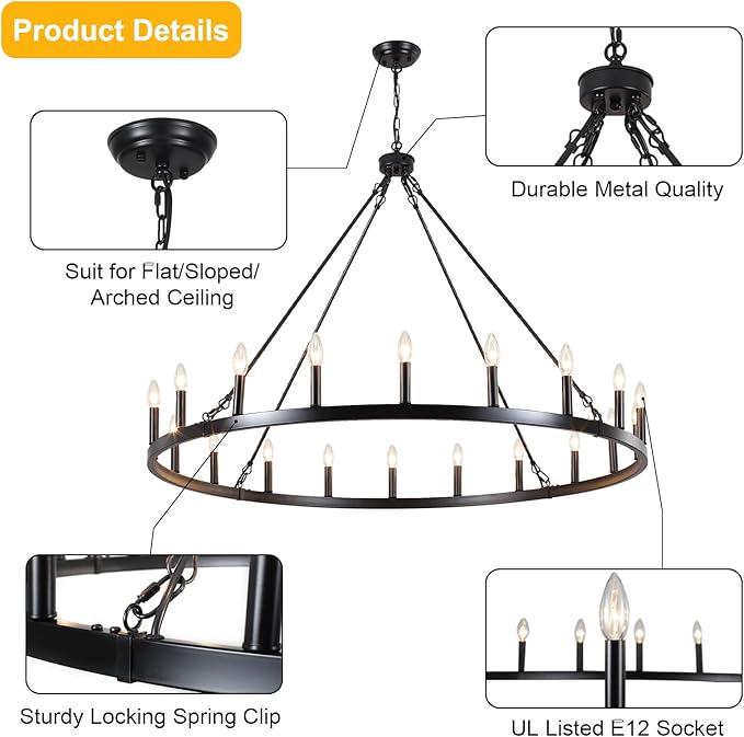 Black Wagon Wheel Chandelier 20-Light 48" Large Black Farmhouse Chandelier High Ceiling Light Fixture for Living Room Entryway Hallway Kitchen Island
