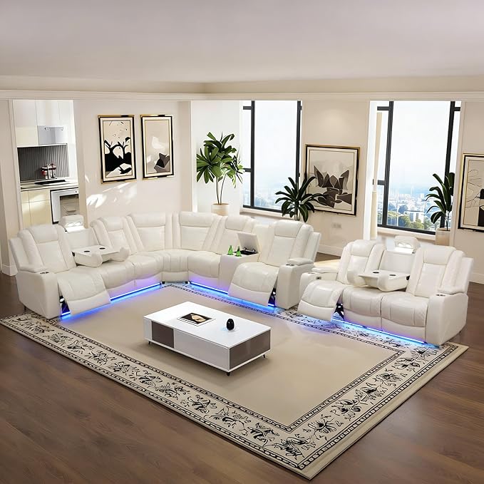 Power Leather Recliner Sectional Sofa with LED Light,L Shaped Reclining Couch with USB Charger/Cup Holder/Storage,Leather Sofa for Living Room/Home Theater(Cream Stripes,Sectional+3 Seats)