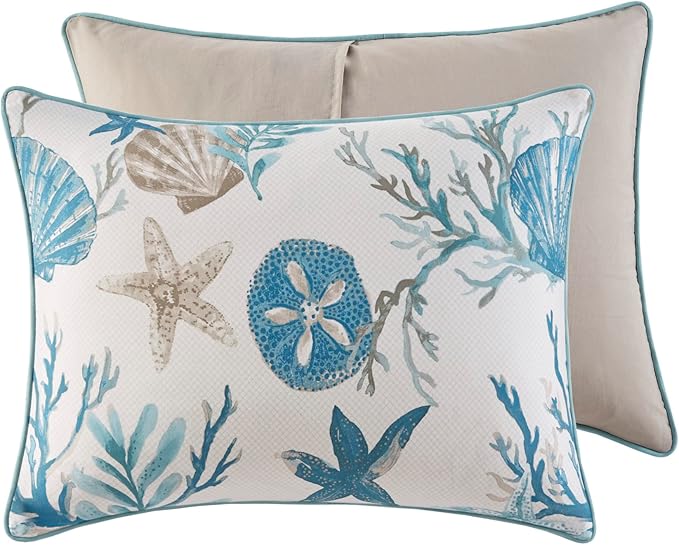 Madison Park Pebble Beach Pebble Beach 100% Cotton Comforter Set - Coastal Coral, All Season Down Alternative Cozy Bedding with Matching Shams, Decorative Pillow, Cal King(104"x92") Aqua 7 Piece