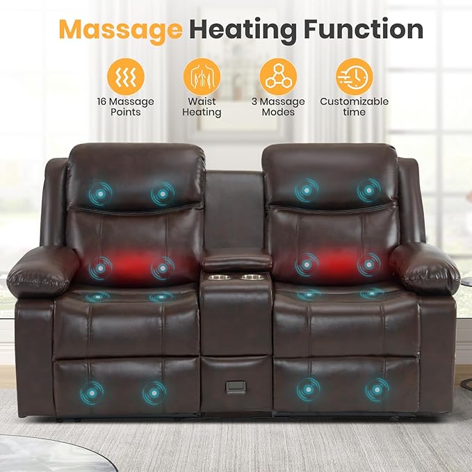 Loveseat Recliner Sofa with Massage & Heating, Reclining Loveseat with Console, RV Wall Hugger Double Loveseat Recliner Couch for Living Room & Home Theater (Brown)