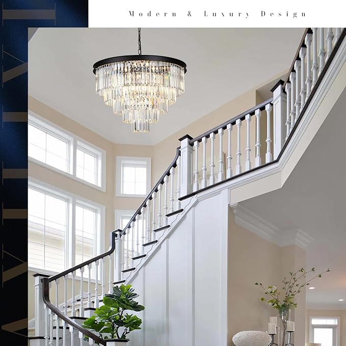 Large Crystal Chandelier Modern Black 30" Round Chandeliers for Staircase K9 5-Tier Large Ceiling Pendant Light Fixtures Luxury Chandelier for High Ceiling Foyer Living Room Bedroom