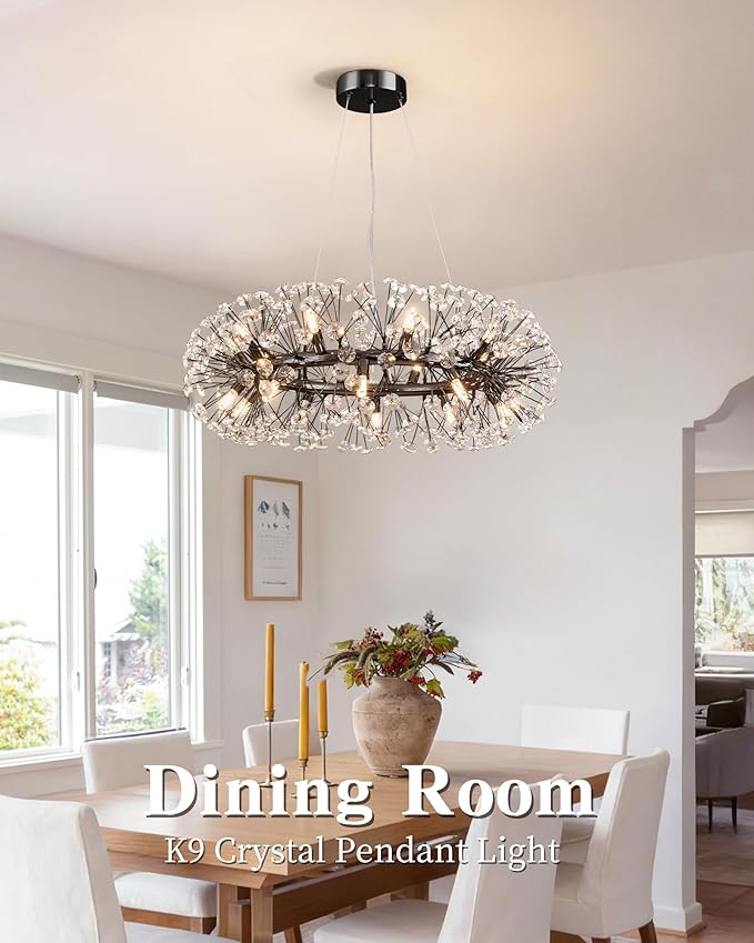 Modern Firework Chandelier, Farmhouse Black Crystal Round Dandelion Sputnik Chandeliers, 31.5" Contemporary 20-Light Pendant Hanging Lighting for Dining Room Kitchen Bedroom Living Room