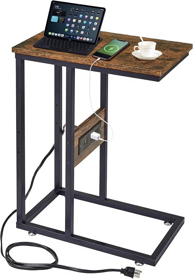 VECELO C-Shaped End Side Table with Charging Station & 2 USB Ports and Outlets for Living Room, Bedroom, with Adjustable Feet for Couch Sofa, Bedside, Small Spaces， Brown