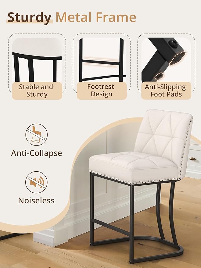 LUE BONA 24" Bar Stools Set of 4, Counter Height Bar Stools with 5.5" Thick Cushion, Upholstered Linen Fabric Barstools with Metal Frames for Kitchen Island, Dining Room, Beige