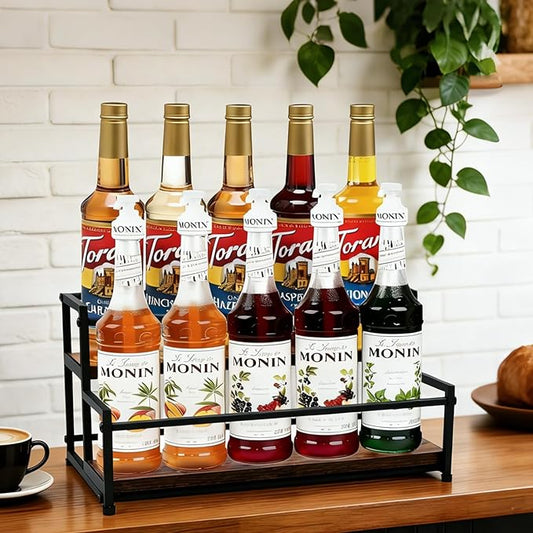 Coffee Syrup Rack Organizer - Metal Bottle Holder for 10 Bottles – Rustic Countertop Display Shelf for Coffee Bar, Kitchen Cabinet, Pantry Storage for Syrups, Liquor, Spice, Tea & Wine (2-Tier)