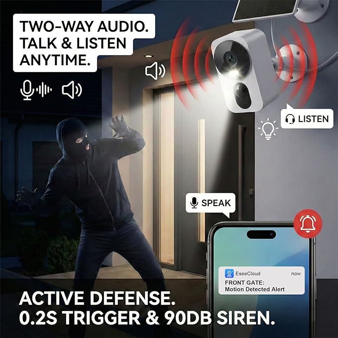 2.5K Solar Security Camera: Wireless Outdoor 4MP Color Night Vision with Solar Panel Keeps 100% Charged & Dual-Band WiFi 6 – No Monthly Fee for Garage/Driveway – Capture Faces & Plates