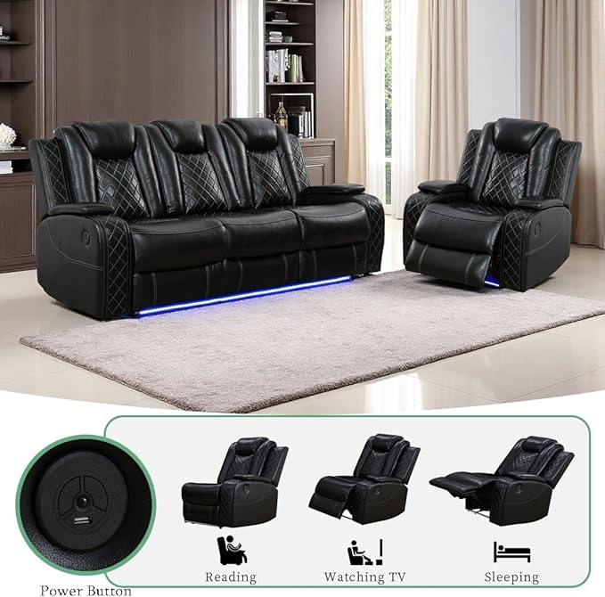 Power Reclining Sofa Set, Living Room Furniture Sets, Breathing Leather Black Sofa Power Recliner Sofa Couch and Chair with 3 Recliner Seats/Storage Console/LED Light for Living Room