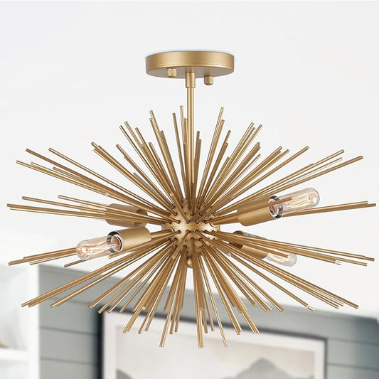 Modern Sputnik Chandelier Ceiling Light Fixture,4-Light Gold Semi Flush Mount Ceiling Light,20in Solid Metal Starburst Satellite Urchin Chandelier for Entry Dining Room Bedroom Kitchen Foyer