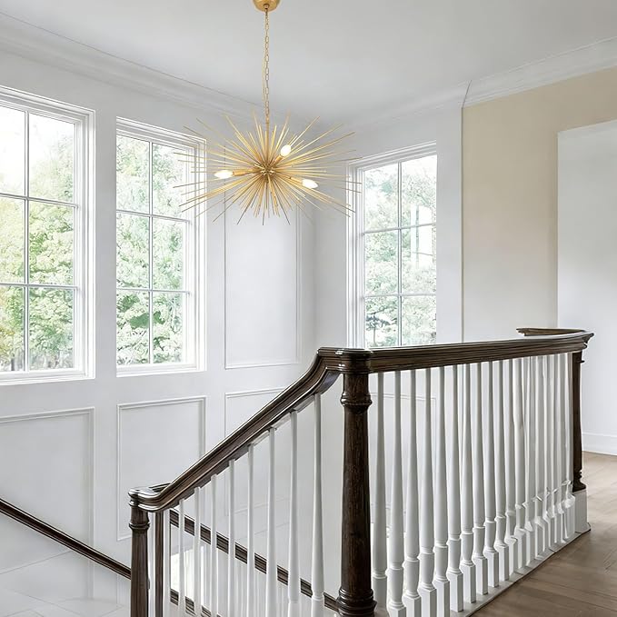 31in Modern Gold Sputnik Chandelier 4-Light Mid-Century Starburst Chandelier Light Fixture Over Table Large Satellite Chandeliers for Dining Room Foyer Entryway Kitchen Bedroom Living Room E12