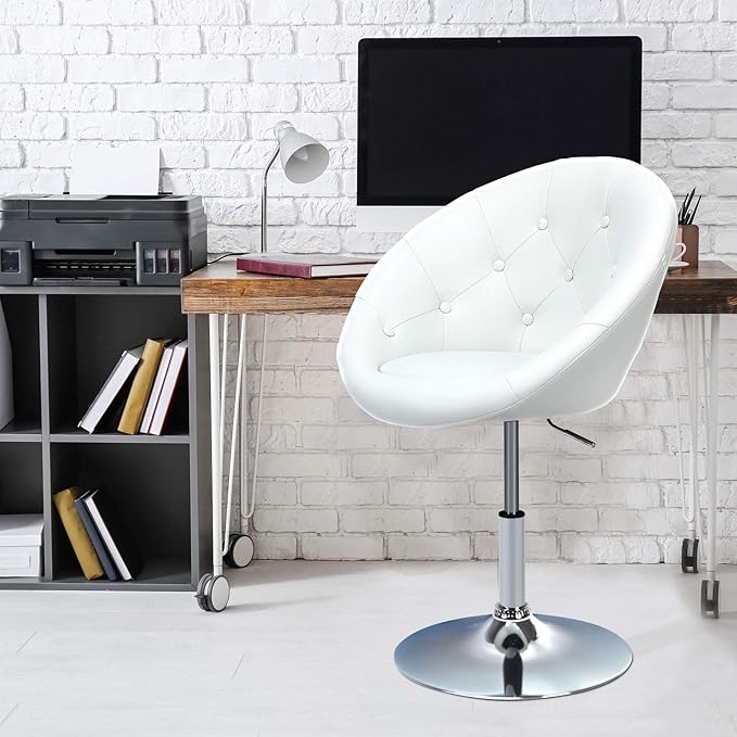 Tufted Leather Swivel Accent Chair - Height Adjustable, Round Back, Chrome Frame, Suitable for Bedroom, Lounge, Bar