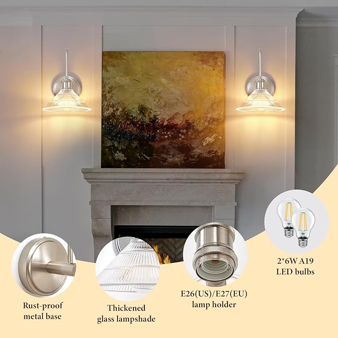 Wall Sconce Set of 2, Nickel Vintage Light Fixtures with Round Clear Glass Lampshade, Hardwired Sconces Wall Lighting for Bedroom, Bathroom, Living Room | Includes 2 LED Bulbs