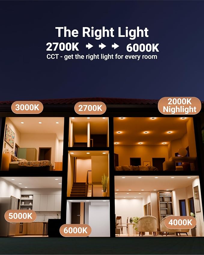 Sunco 6 Inch Can Lights for Ceiling LED, Flat Recessed Lighting with Night Light Retrofit Downlight, 1200 LM, 13W, Selectable CCT 2700K/3000K/4000K/5000K/6000K, Dimmable UL 4 Pack