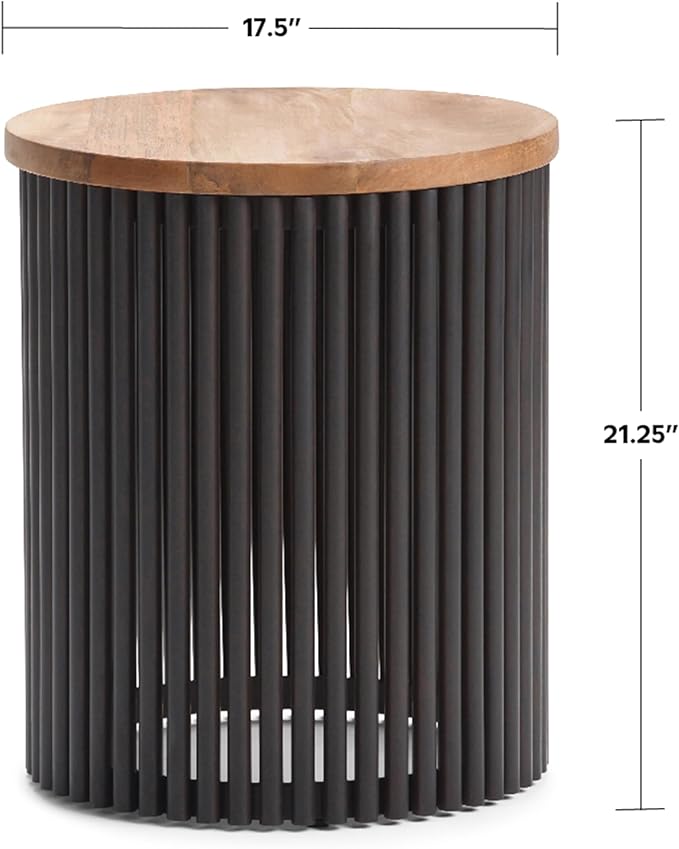 SIMPLIHOME Demy Metal and Wood Accent Table - 18 inch Wide Solid Metal Round End Table in Natural and Black, Industrial Side Table or Coffee Table for Living Room with Compact Design, Assembled | Side Table, Industrial Style, Assembled