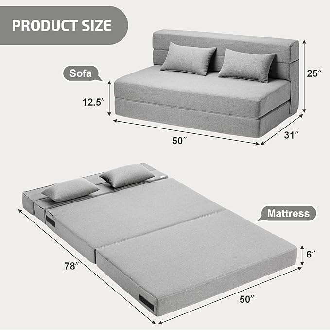SUYOLS Folding Sofa Bed with Pillows- Convertible Chair Floor Couch & Sleeping Mattress, Foldable Memory Foam Sleeper for Living Room/Dorm/Guest Room/Home Office/Apartment/Loft, Full, Light Gray