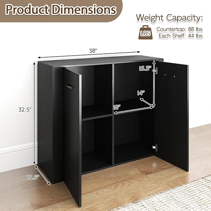 Giantex Modern Storage Cabinet, 38" Credenza with 2 Doors and 4 Cubic Shelves, Anti-Tipping Device, Sturdy Metal Hings, Wooden Sideboard Cabinet for Living Room, Kitchen, Entryway, Black