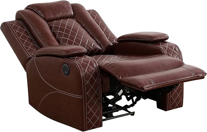 Breathing Leather Power Reclining Chair, Leather Reclining Sofa Couch Chair for Living Room, Single Recliner with USB Ports/LED Lighting for Bedroom/Office/Home Theater (Auburn, Recliner Chair)