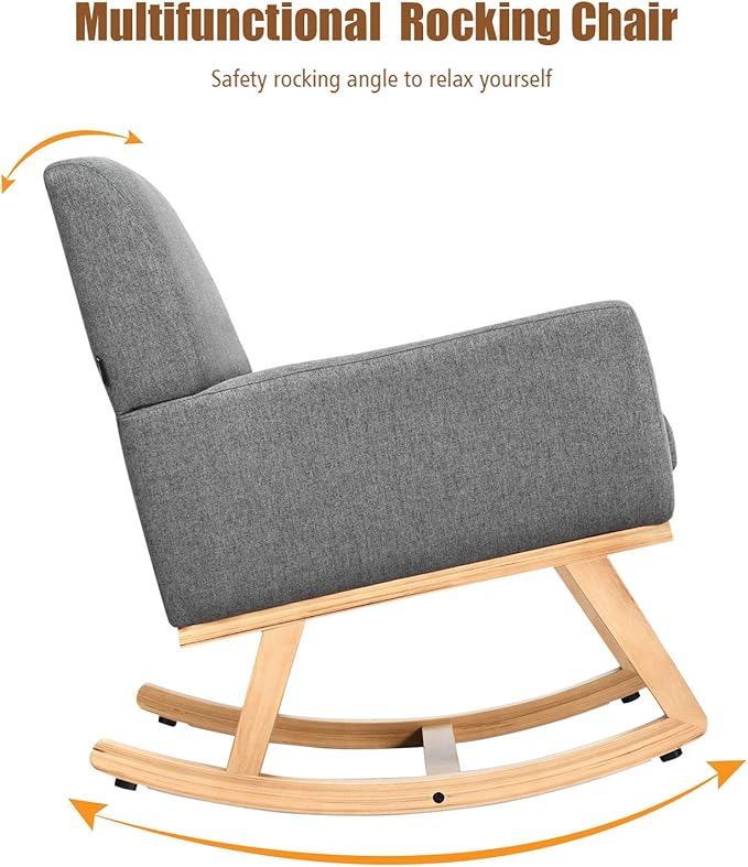 Giantex Upholstered Rocking Chair with Fabric Padded Seat and Solid Wood Base, Comfortable Rocker for Living Room, Bedroom, Study Room, Office Rocking Armchair (Gray)