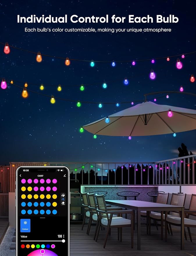 APPECK Outdoor String Lights, 100ft RGBW Smart Outdoor Patio Lights with 30 LED Bulbs, Extendable, 111 Scene Modes, IP65 Waterproof Lighting for Outside, Dimmable Warm White, Compatible with Alexa