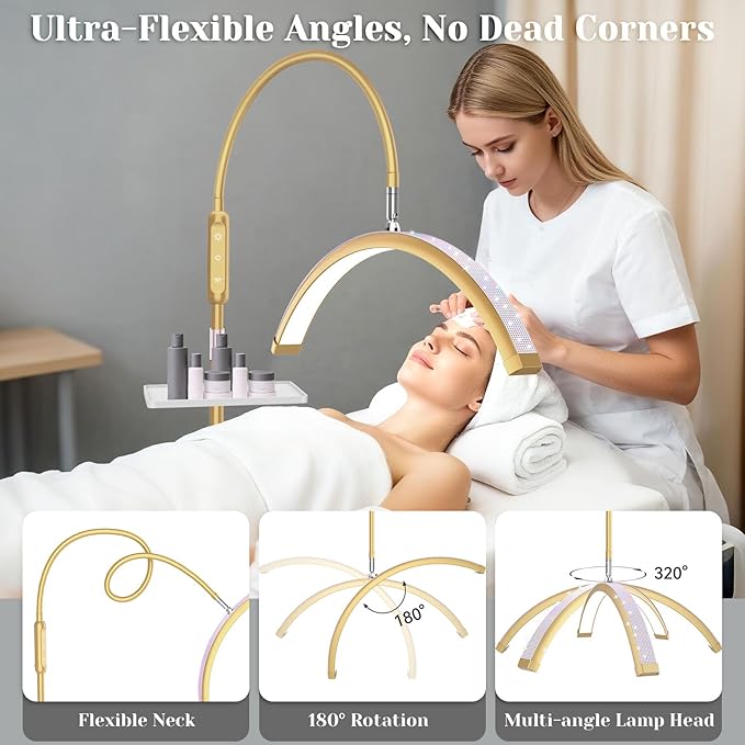 Bling Lash Light for Eyelash Tech, Flexible Neck Led Half Moon Light Floor Lamp for Extensions Tattoo Artists, Professional Shadow-Free Esthetician Light with Stand Tray, Crystal Diamond Gold