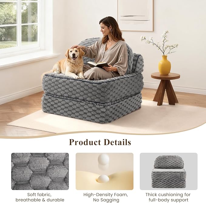 MALOL Folding Sofa Bed, 3-in-1 Convertible Sleeper Chairs with Pillow,Back Support, Fuzzy Fabric Floor Couch Bed for Adults, Boneless Couches Living Room, Bedroom, Apartment, Grey