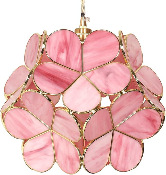 Bieye L10965 Petals Tiffany Style Stained Glass Ceiling Pendant Light with 12-inch Wide Lampshade (Pink, 12" Cherry Blossom)