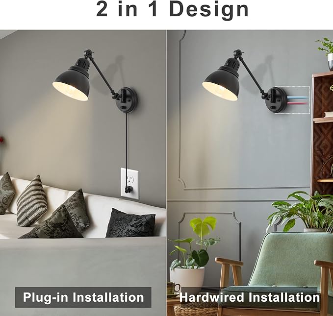 Plug in Wall Sconces Set of 2, ENCOMLI Wall Sconce Lighting with Dimmable On Off Switch, Swing Arm Wall Lamp, Black Metal Industrial Wall Light Fixtures, Safety E26 Base, 6FT Plug in Cord