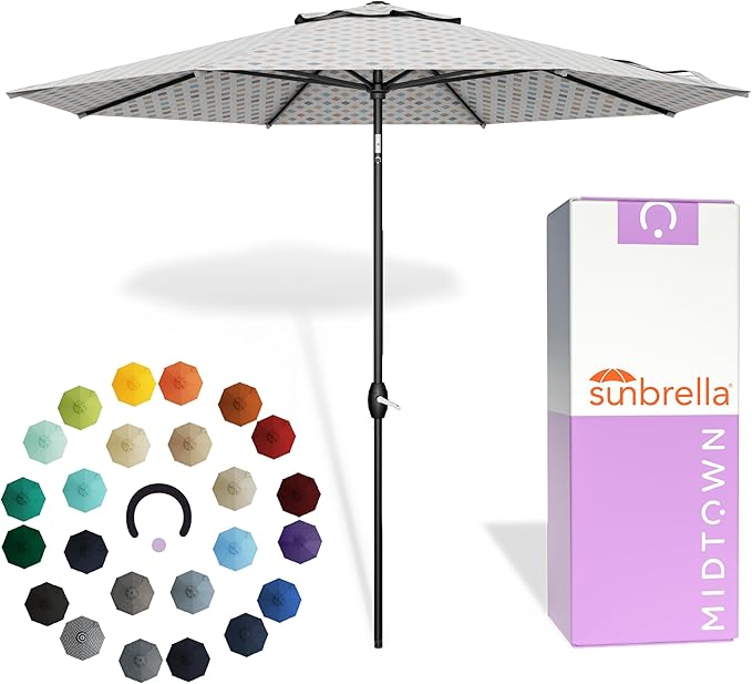 Midtown Umbrellas - The Lean 9 Ft Patio Umbrella with Fade-Resistant Sunbrella Fabric, Auto-Tilt Aluminum Frame and 8 Reinforced Ribs for Deck, Pool & Garden - Infused Gem Canopy, Black Pole