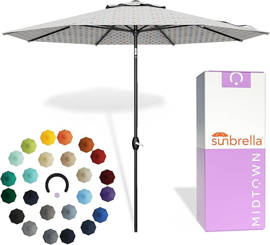 Midtown Umbrellas - The Lean 9 Ft Patio Umbrella with Fade-Resistant Sunbrella Fabric, Auto-Tilt Aluminum Frame and 8 Reinforced Ribs for Deck, Pool & Garden - Infused Gem Canopy, Black Pole