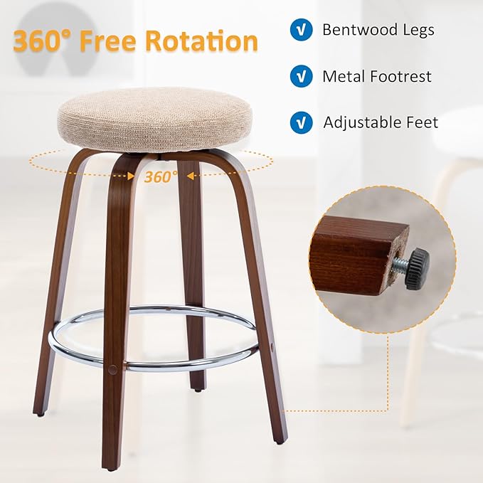 Swivel Bar Stools Set of 2 for Island Kitchen, Modern 26" Backless Counter Height Bar Stools, 360 Swivel Seat Light Brown