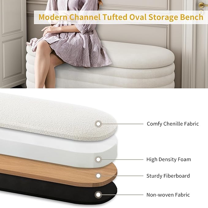 Ball & Cast 40" Oval Ottoman with Storage, Chenille Upholstered Entryway Bench with Safty Hinges for Living Room, End of Bed, No Assembly Required,White