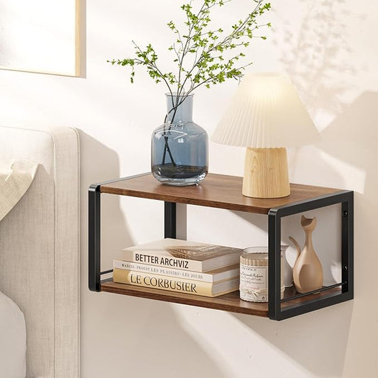 Floating Nightstand, Wood Bedside Shelf Wall Mounted Nightstand with Heavy-Duty Frame, Floating Bedside Table for Bedroom, Bathroom, Kitchen, (Vintage Brown, 1 Pack)