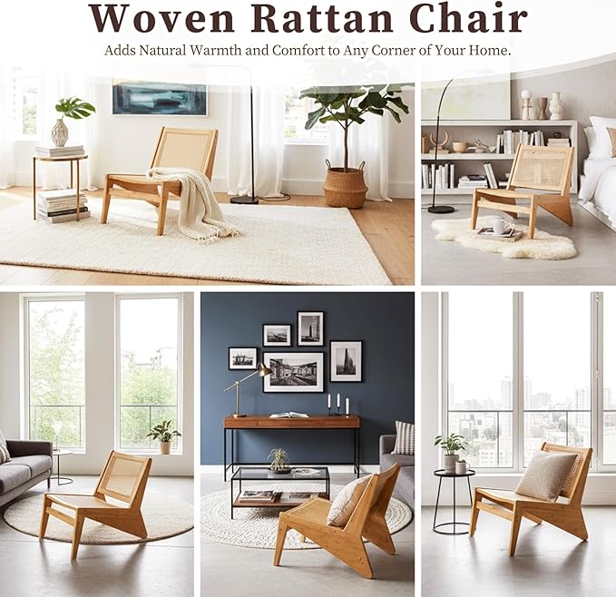 Rattan Chair 2Pcs, Mid Century Modern Accent Chair, Leisurely Reading Chair for Living Room（Wood）