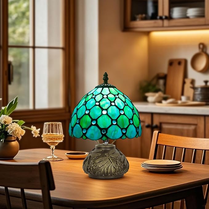 Small Tiffany Table Lamp,Stained Glass Lamp,8 Inch Mushroom Style Mini Vintage Desk Lights for Bedside, Bedroom,Nightstand,Living Room,3 Color Temperature (Blue)
