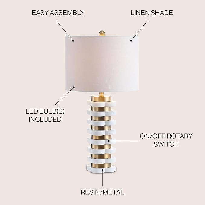 JONATHAN Y 26.5" Brass Gold Quatrefoil Striped Resin LED Table Lamp, Contemporary Glam Bedside Lamp for Living Room Bedroom, White Linen Drum Shade, LED Bulb Included JYL1010A