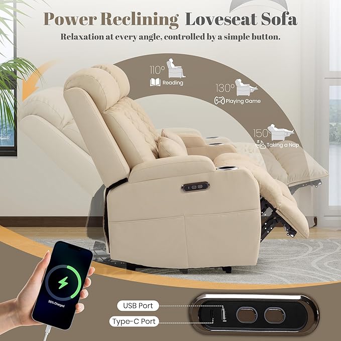 Zero Wall Hugger Power Reclining Sofa Set with Adjustable Headrest, Electric Reclining Couch with Drop-Down Table, Reclining Sofa and Loveseat Set for Living Room (Beige, Sofa+Loveseat)