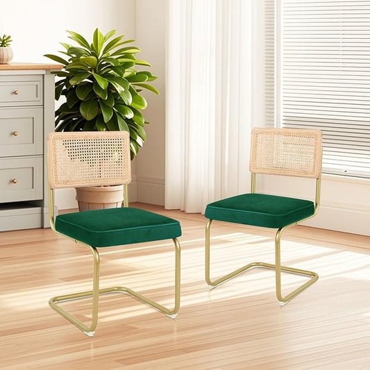 Mid-Century Modern Dining Chairs Set of 2, Velvet Upholstered Seat with Natural Rattan Backrest, Armless Side Chairs with Metal Legs, Ergonomic Design for Home Kitchen Dining Room, Green, CangLong