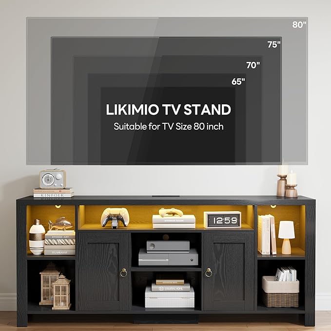 LIKIMIO TV Stand for TVs 80 inch with LED Lights & Power Outlet, Entertainment Center with Cabinets, Adjustable Shelves and Open Shelves, Modern Media TV Console Living Room, Black