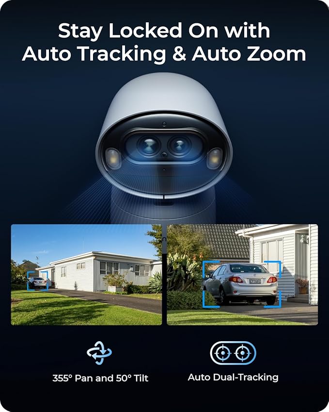 REOLINK 4K Dual-Lens Solar Security Cameras Wireless Outdoor/Indoor, Argus Track + 6W Solar Panel, Auto Zoom Tracking, 2.4/5GHz WiFi, Color Night Vision, No Subscriptions, Home Hub Compatible