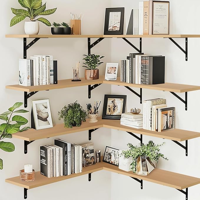 Kaboon 27 inch Long 10 inch Deep Floating Shelves for Wall Set of 2, Large Open Shelves Wall Mounted, Space Saving Home and Commercial Use, Light Walnut