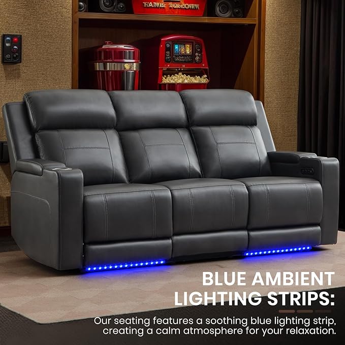 Netpane Breathable Leather Power Recliner Sofa Set with LED, Power Reclining Sofa and Loveseat Set with Adjustable Headrest/Wireless Charger/USB Ports/Storage for Living Room/HomeTheater (Grey&Black)