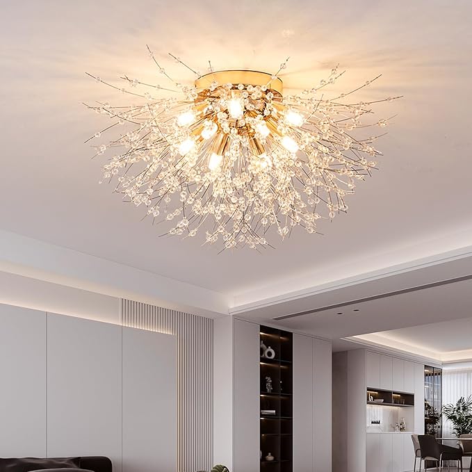 Crystal Flush Mount Ceiling Light Gold Modern Sputnik Firework Close to Ceiling Lamp LED Flower Ceiling Light Fixtures for Living Room Bedroom Kitchen Island Entryway Hallway Foyer 9 G9 Bulbs Included