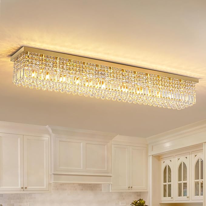 7PM Rectangular Chandelier, Modern Dining Room Light Fixture with Raindrop Chandelier Crystals, 13-Light Flush Mount Rectangle Chandelier for Dining Room, Living Room,Brass Finish L59'' x W10'' x H9''
