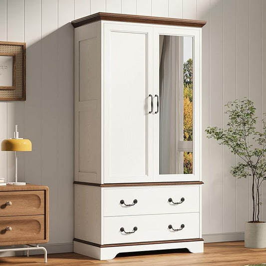LIKIMIO Armoire Wardrobe Closet with Mirror, 70.1" Wooden Clothing Storage Cabinet with 2 Doors & 2 Drawers, Modern Bedroom Freestanding Wardrobe Combination with Hanging Rod, Cherry with White
