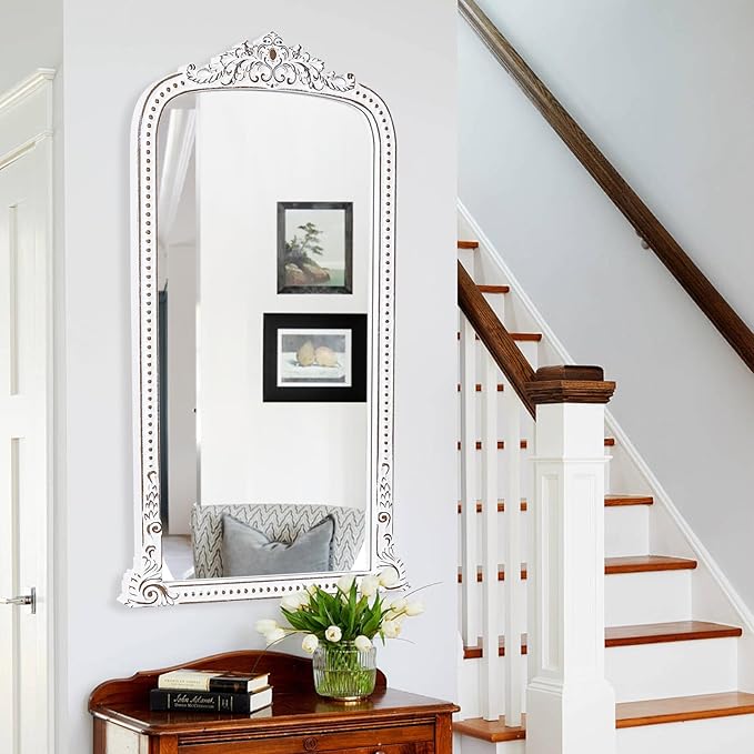 Full Length Wooden Mirror: 47x27 Inch Baroque Antique Floor Mirror - Ornate Long Body Mirrors Home Decor for Wall, Dressing Room, Bedroom, Cloakroom, Entryway