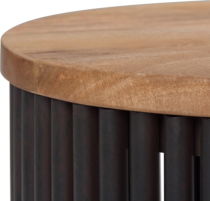SIMPLIHOME Demy Metal and Wood Accent Table - 18 inch Wide Solid Metal Round End Table in Natural and Black, Industrial Side Table or Coffee Table for Living Room with Compact Design, Assembled | Side Table, Industrial Style, Assembled