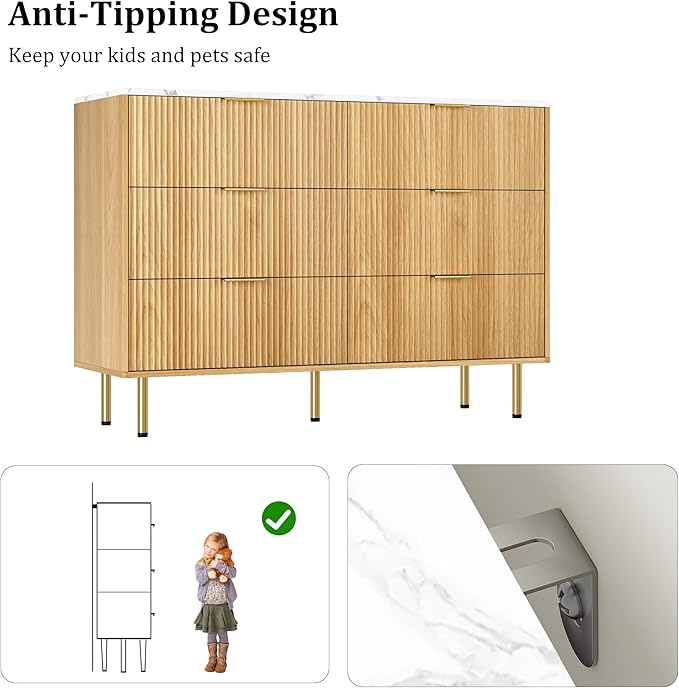GAOMON 6 Drawer Dresser for Bedroom Chest of Drawers, 47" Wide Fluted Dresser with Drawers, Modern Wooden Double Dressers with Metal Handles for Living Room, Hallway