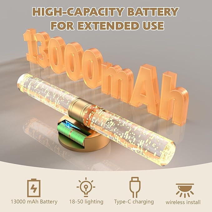 Gold Battery Operated Wall Sconce, 13000mAh Rechargeable Wall Light with Remote Control, 15 Color Dimmable Wireless Wall Lamp for Bedroom Living Room Hallway Party Decor, Crystal Wall Sconce